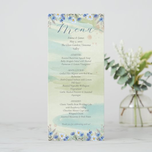 Elegant Blue Wildflower Frame Wedding Menu Card (Staand voorkant)