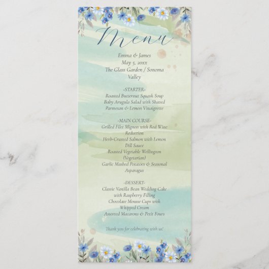 Elegant Blue Wildflower Frame Wedding Menu Card (Voorkant)