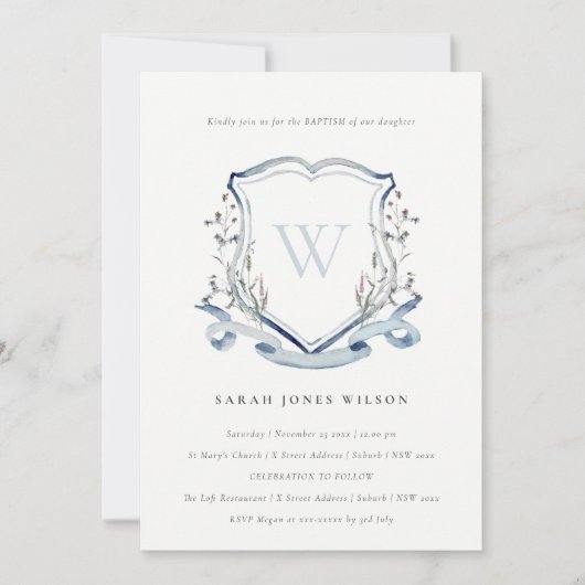 Elegant Blue Wildflower Monogram Crest Baptisme Kaart (Voorkant)