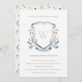 Elegant Blue Wildflower Monogram Crest Baptisme Kaart (Voorkant / Achterkant)