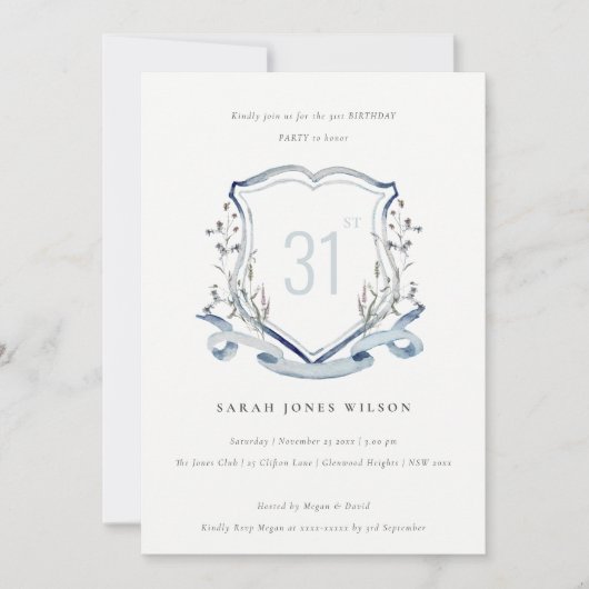 Elegant Blue Wildflower Monogram Crest Birthday Kaart (Voorkant)