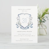 Elegant Blue Wildflower Monogram Crest Birthday Kaart (Staand voorkant)
