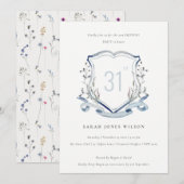 Elegant Blue Wildflower Monogram Crest Birthday Kaart (Voorkant / Achterkant)