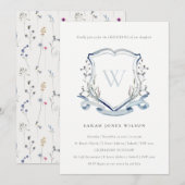 Elegant Blue Wildflower Monogram Crest Christening Kaart (Voorkant / Achterkant)