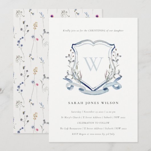 Elegant Blue Wildflower Monogram Crest Christening Kaart (Voorkant / Achterkant)