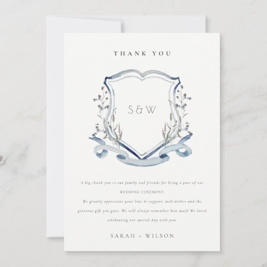 Elegant Blue Wildflower Monogram Crest Wedding Bedankkaart (Voorkant)