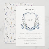 Elegant Blue Wildflower Monogram Crest Wedding Bedankkaart (Voorkant / Achterkant)