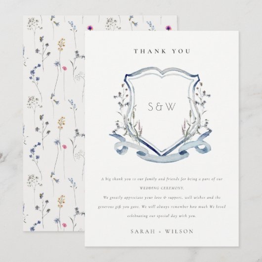Elegant Blue Wildflower Monogram Crest Wedding Bedankkaart (Voorkant / Achterkant)