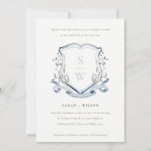 Elegant Blue Wildflower Monogram Crest Wedding Kaart (Voorkant)