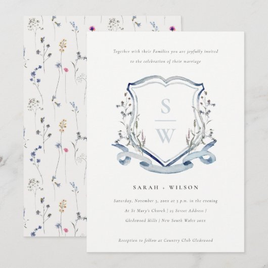 Elegant Blue Wildflower Monogram Crest Wedding Kaart (Voorkant / Achterkant)