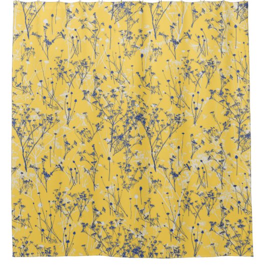 Elegant Blue Wildflower op Mustard Yellow Douchegordijn (Voorkant)