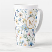 Elegant Blue Wildflower Pattern Botanical Monogram Latte Mok (Rechterhoek)