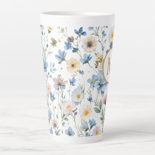 Elegant Blue Wildflower Pattern Botanical Monogram Latte Mok (Voorkant)