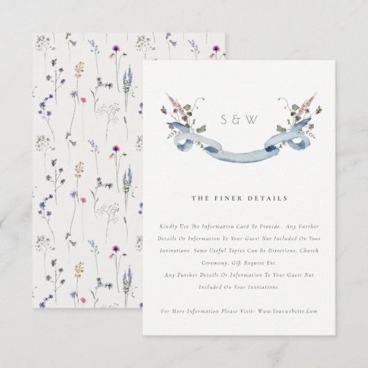 Elegant Blue Wildflower Ribbon Weddenschap Details Informatiekaartje (Voorkant / Achterkant)