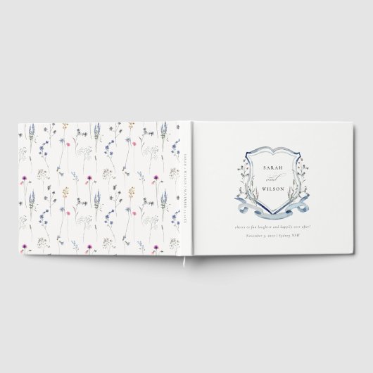 Elegant Blue Wildflower Waterverf Crest Wedding Gastenboek (Volledig)