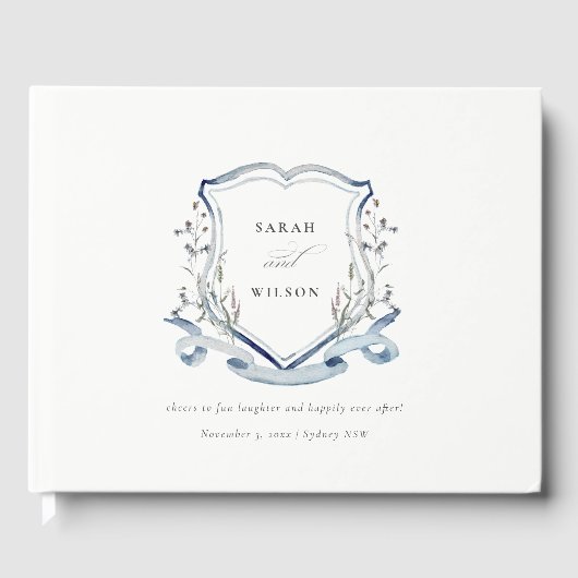 Elegant Blue Wildflower Waterverf Crest Wedding Gastenboek (Voorkant)
