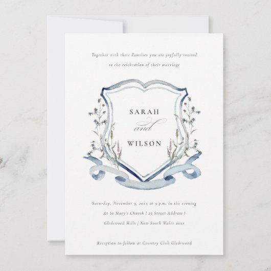 Elegant Blue Wildflower Waterverf Crest Wedding Kaart (Voorkant)