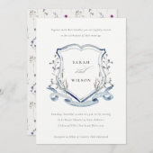 Elegant Blue Wildflower Waterverf Crest Wedding Kaart (Voorkant / Achterkant)