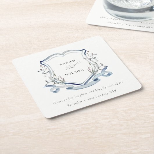 Elegant Blue Wildflower Waterverf Crest Wedding Kartonnen Onderzetters (Schuin)