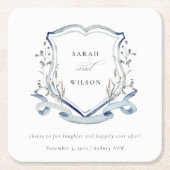 Elegant Blue Wildflower Waterverf Crest Wedding Kartonnen Onderzetters (Voorkant)