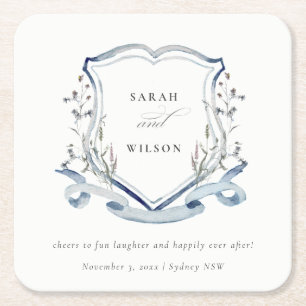 Elegant Blue Wildflower Waterverf Crest Wedding Kartonnen Onderzetters