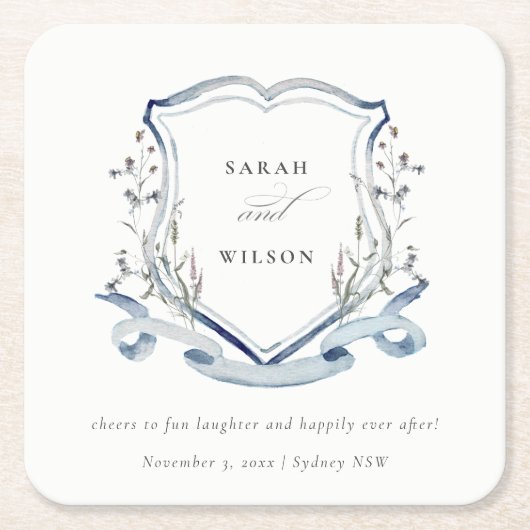 Elegant Blue Wildflower Waterverf Crest Wedding Kartonnen Onderzetters (Voorkant)