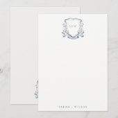 Elegant Blue Wildflower Waterverf Crest Wedding Notitiekaartje (Voorkant / Achterkant)