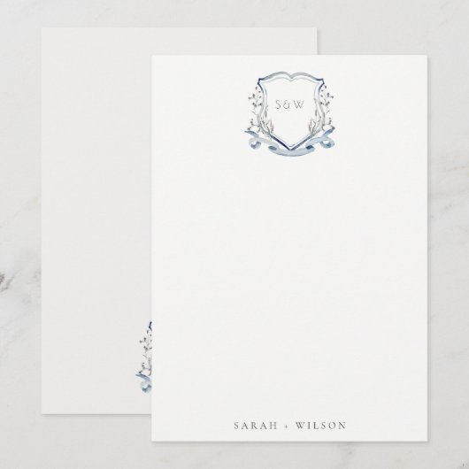 Elegant Blue Wildflower Waterverf Crest Wedding Notitiekaartje (Voorkant / Achterkant)