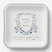 Elegant Blue Wildflower Waterverf Crest Wedding Papieren Bordje (Voorkant)