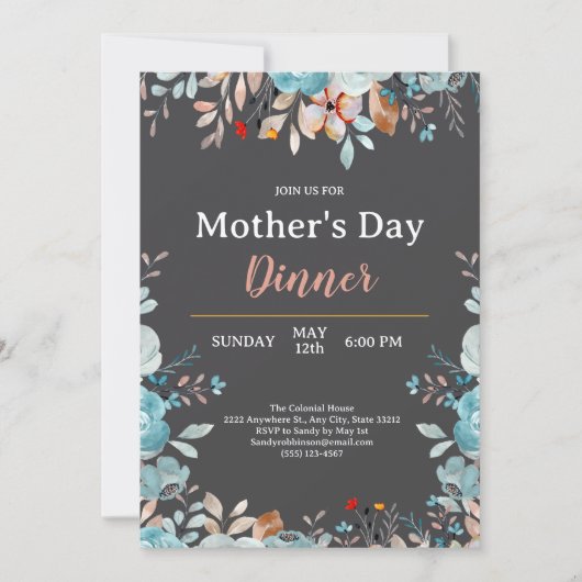 Elegant Blue Wildflowers Mint Moederdag Diner Kaart (Voorkant)