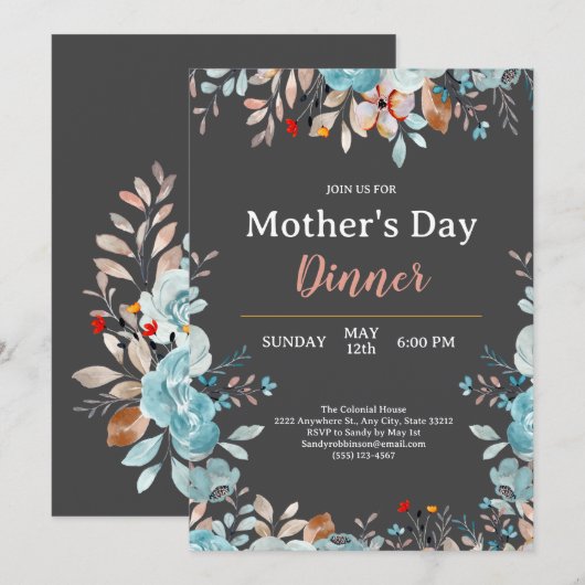 Elegant Blue Wildflowers Mint Moederdag Diner Kaart (Voorkant / Achterkant)