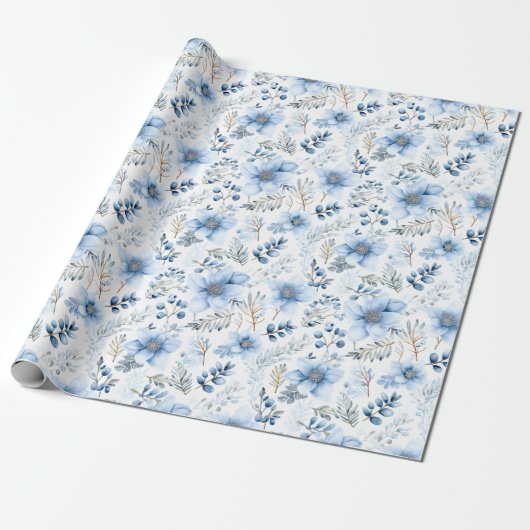 Elegant Blue Winter Florals Cadeaupapier (Uitgerold)