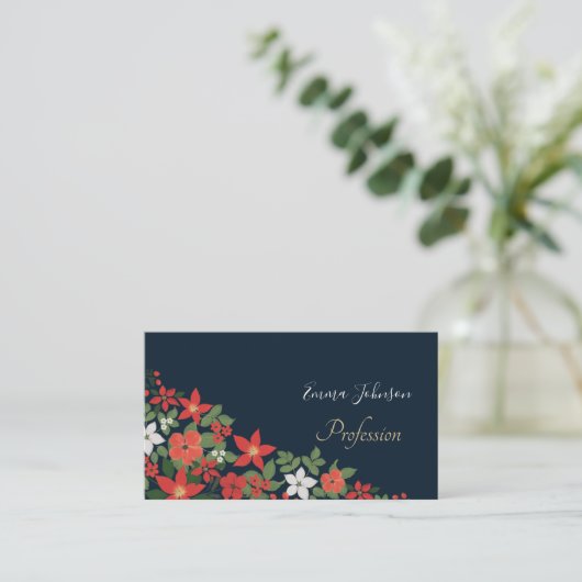 Elegant Blue Winter Red White Floral Painting Visitekaartje (Staand voorkant)