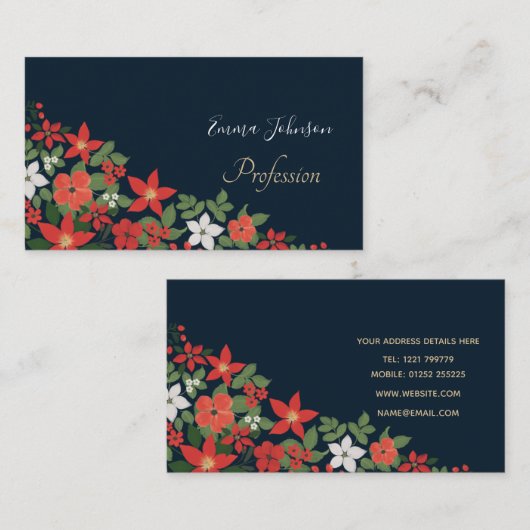 Elegant Blue Winter Red White Floral Painting Visitekaartje (Voorkant / Achterkant)