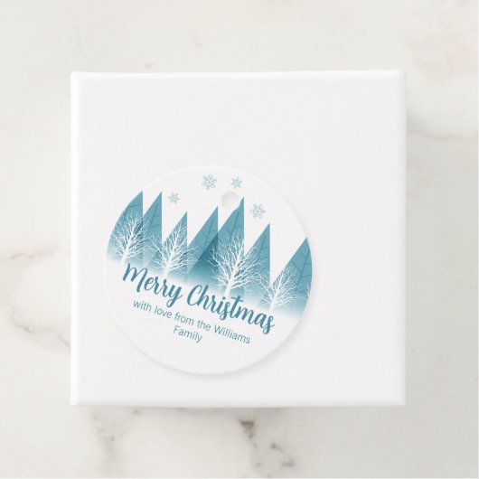 Elegant Blue Winter Trees Custom Kerstparty Bedankjes Labels (In situ)