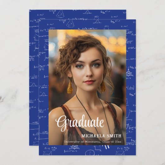 Elegant Blue Wiskunde College Script Foto Afstuder Aankondiging (Voorkant / Achterkant)