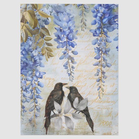 Elegant Blue Wisteria & Ravens Decoupage Paper Tissuepapier (Voorkant)