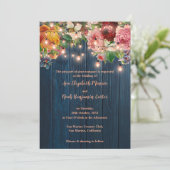 Elegant Blue Wood Floral String Lights Wedding Kaart (Staand voorkant)