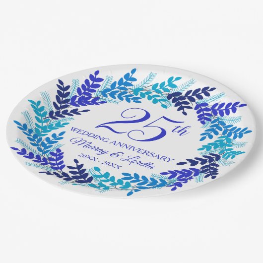 Elegant Blue Wreath 25e Jubileum Party Papieren Bordje (Gekanteld)