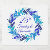 Elegant Blue Wreath 25th Wedding Jubileum Sparkling Wijnetiket (Enkel label)