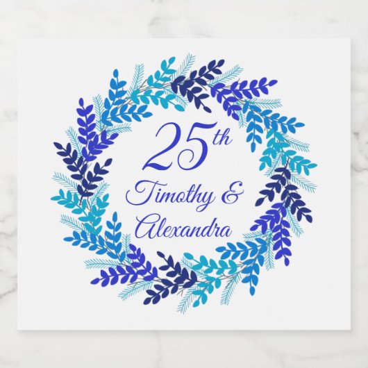 Elegant Blue Wreath 25th Wedding Jubileum Sparkling Wijnetiket (Enkel label)