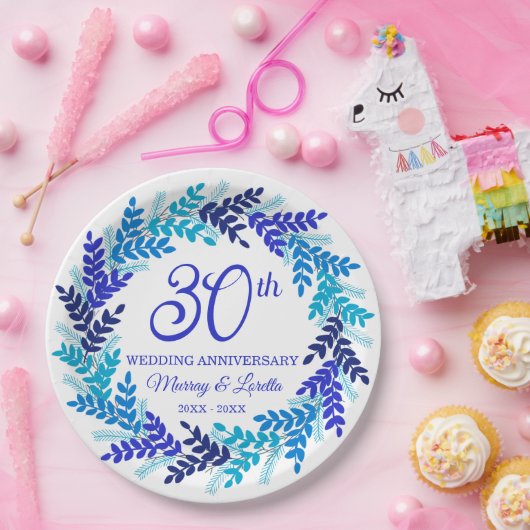 Elegant Blue Wreath 30ste Jubileum Party Papieren Bordje (Feest)