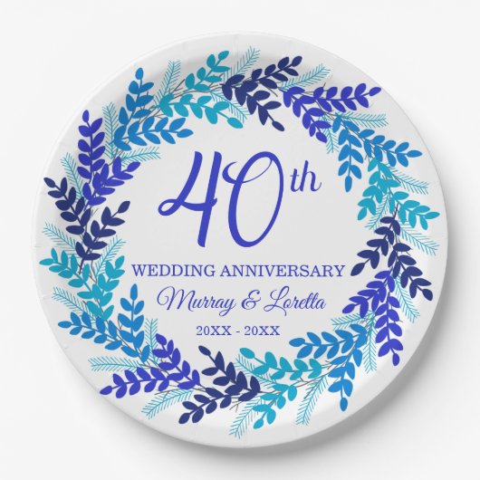 Elegant Blue Wreath 40th Jubileum Party Papieren Bordje (Voorkant)