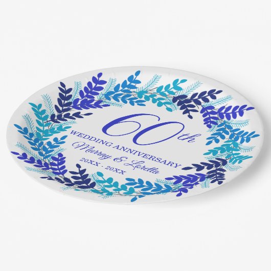 Elegant Blue Wreath 60ste Jubileum Party Papieren Bordje (Gekanteld)