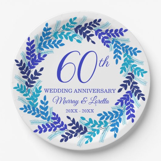 Elegant Blue Wreath 60ste Jubileum Party Papieren Bordje (Voorkant)