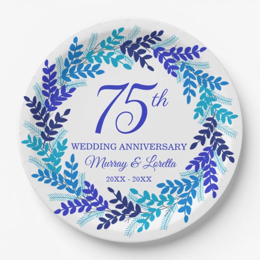 Elegant Blue Wreath 75e Jubileum Party Papieren Bordje (Voorkant)
