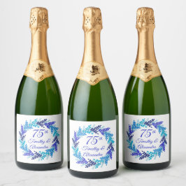 Elegant Blue Wreath 75th Wedding Jubileum Sparkling Wijnetiket