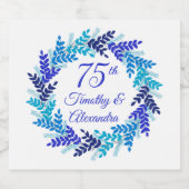 Elegant Blue Wreath 75th Wedding Jubileum Sparkling Wijnetiket (Enkel label)