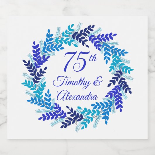 Elegant Blue Wreath 75th Wedding Jubileum Sparkling Wijnetiket (Enkel label)