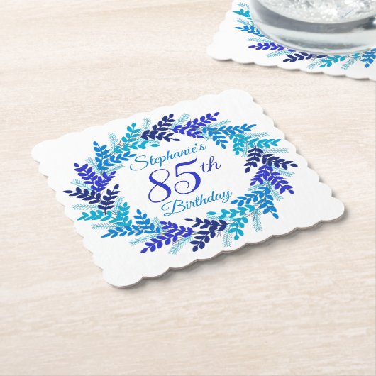 Elegant Blue Wreath 85th Birthday Kartonnen Onderzetters (Gebogen)